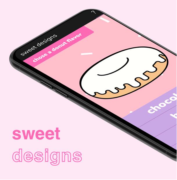 Sweet designs app displyed in iphone eight, on pink.