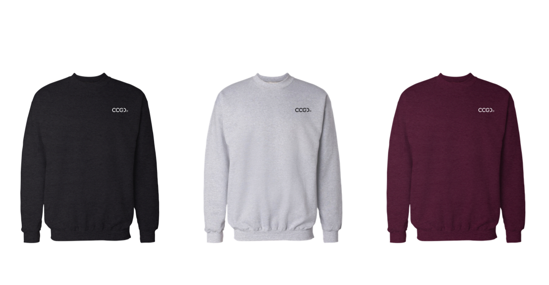 ccgd sweaters in white on black, black on white, and white on marron