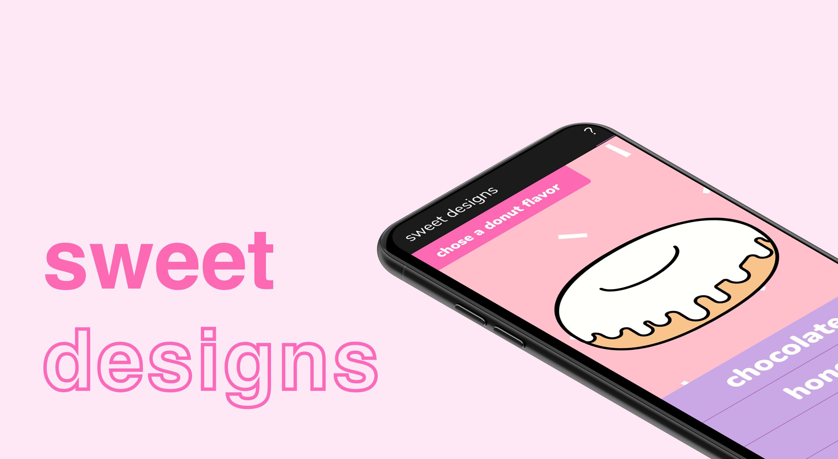 sweet designs app displayed on mobile on light pink back drop on a slant.
