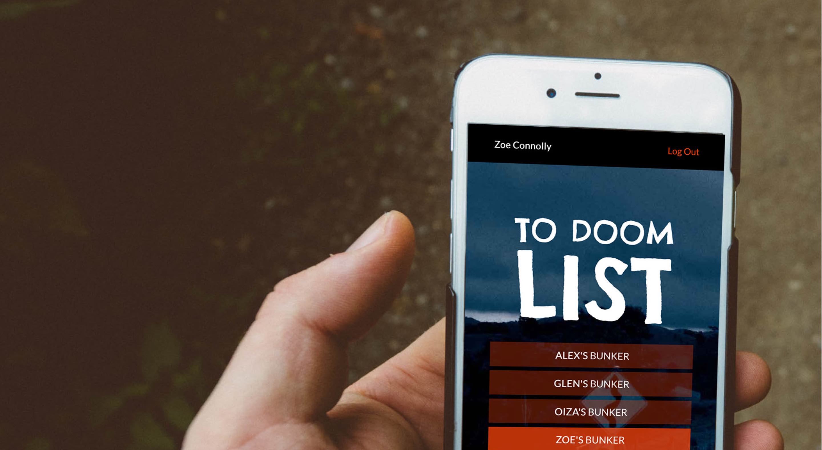 dooms day app displayed on mobile phone with natural background